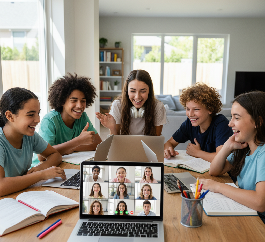 Teenage students learning together
